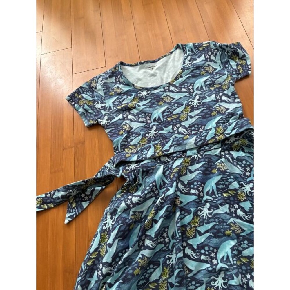 Svaha Twirl Tie Midi Short Sleeve Dress Blue Sea Creatures Marine Medium - Picture 2 of 6
